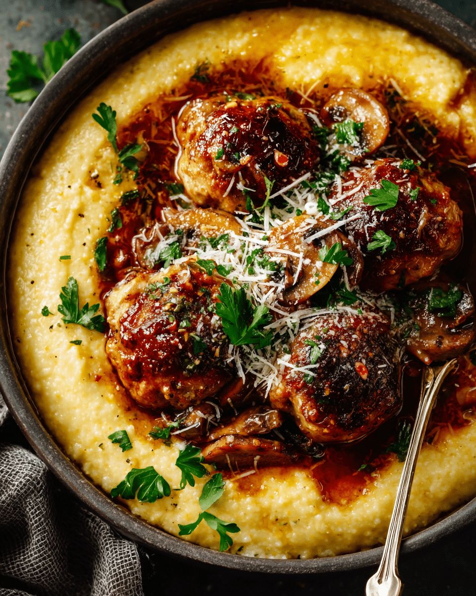 The Ultimate Braised Chicken Meatballs with Mushrooms & Creamy Cheesy Polenta step 4