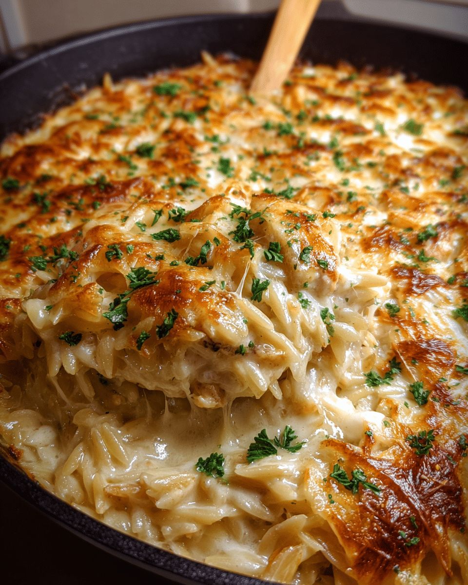 Ultimate Creamy Caramelized Onion Chicken Orzo Bake with Gruyère step 4