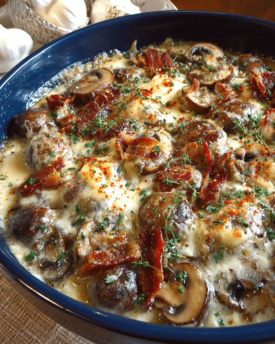 Ultimate Creamy Garlic Mushroom & Bacon Bake Recipe | Cook With Feast step 7