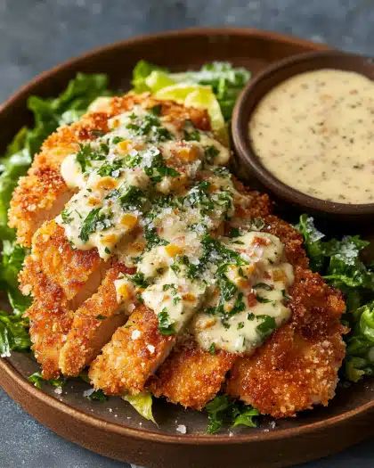 Ultimate Crispy Chicken Schnitzel with Creamy Garlic-Parmesan Dressing step 3