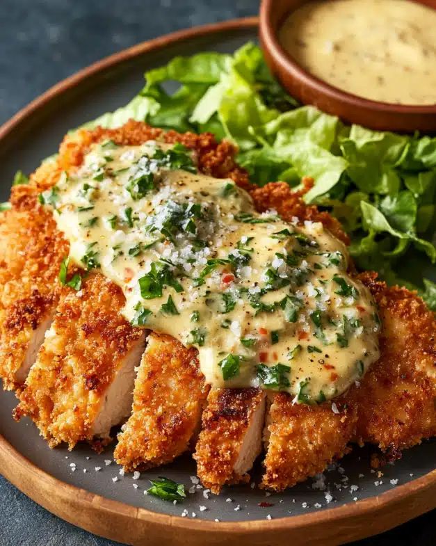 Ultimate Crispy Chicken Schnitzel with Creamy Garlic-Parmesan Dressing step 6