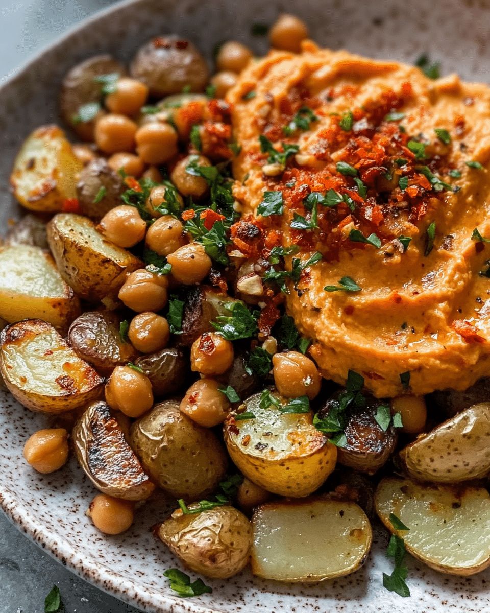 Crispy Roasted Potatoes & Chickpeas with Red Pepper Whipped Feta step 5