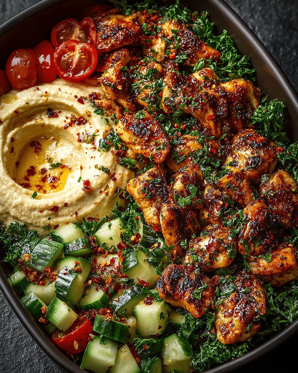 Lemon Chili Grilled Chicken Bowls with Fresh Cucumber Salad & Hummus step 8