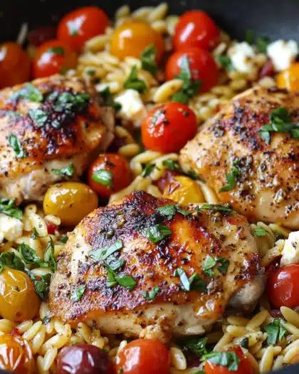 One-Skillet Mediterranean Chicken Thighs with Orzo and Feta step 4