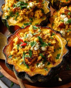 Roasted Acorn Squash with Curried Turkey, Coconut & Feta | Cook with Feast 1