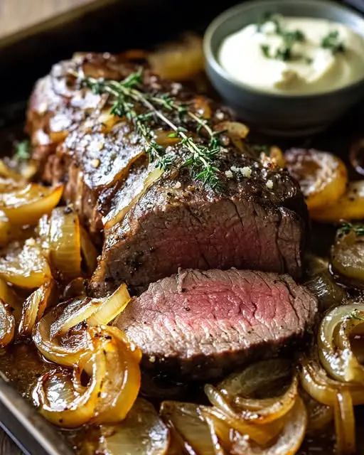 Roasted Beef Tenderloin with French Onions and Horseradish Sauce step 3