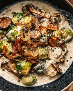Roasted Brussels Sprouts with Creamy Wild Mushrooms and Crispy Shallots 1