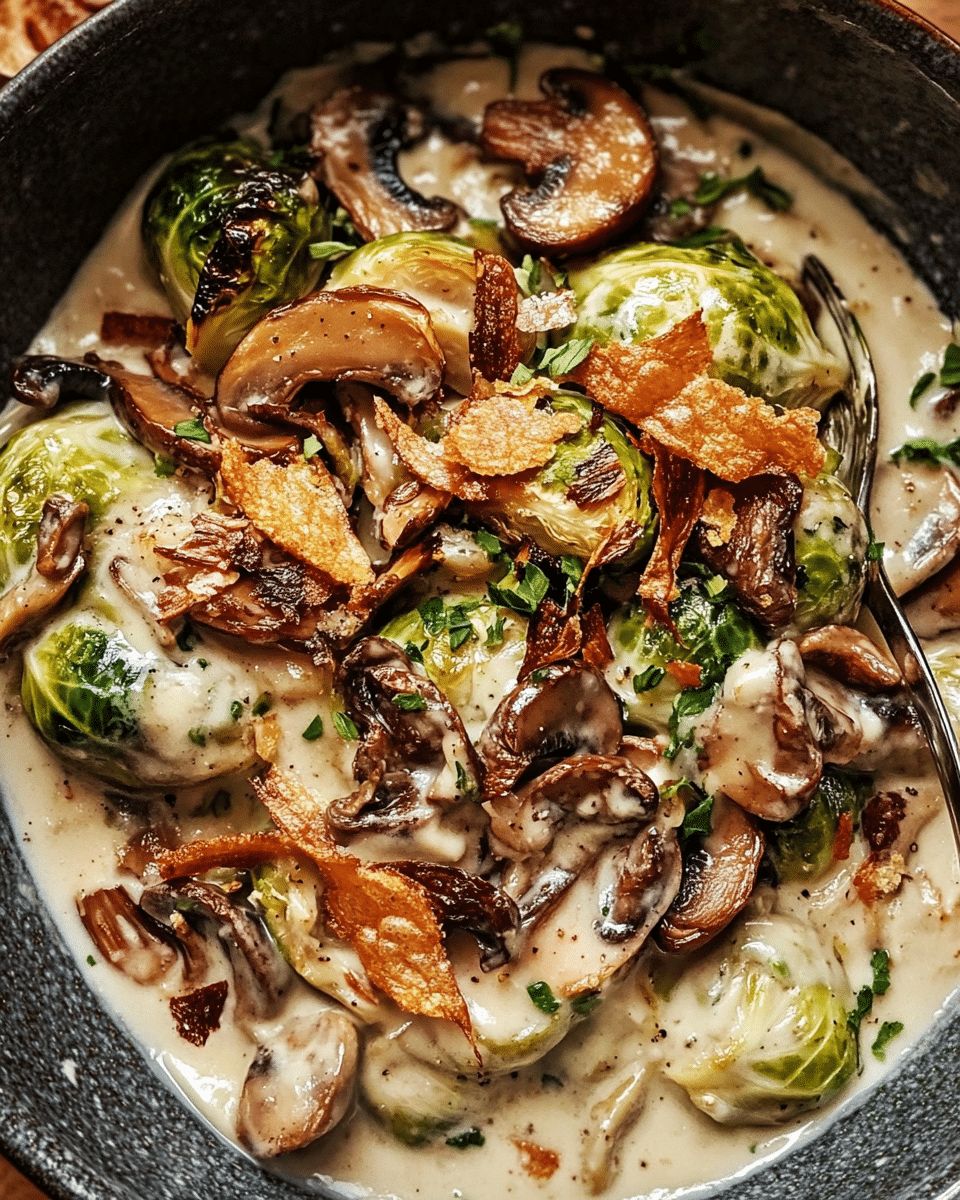 Roasted Brussels Sprouts with Creamy Wild Mushrooms and Crispy Shallots step 4