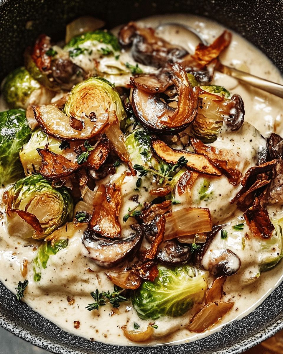 Roasted Brussels Sprouts with Creamy Wild Mushrooms and Crispy Shallots step 6