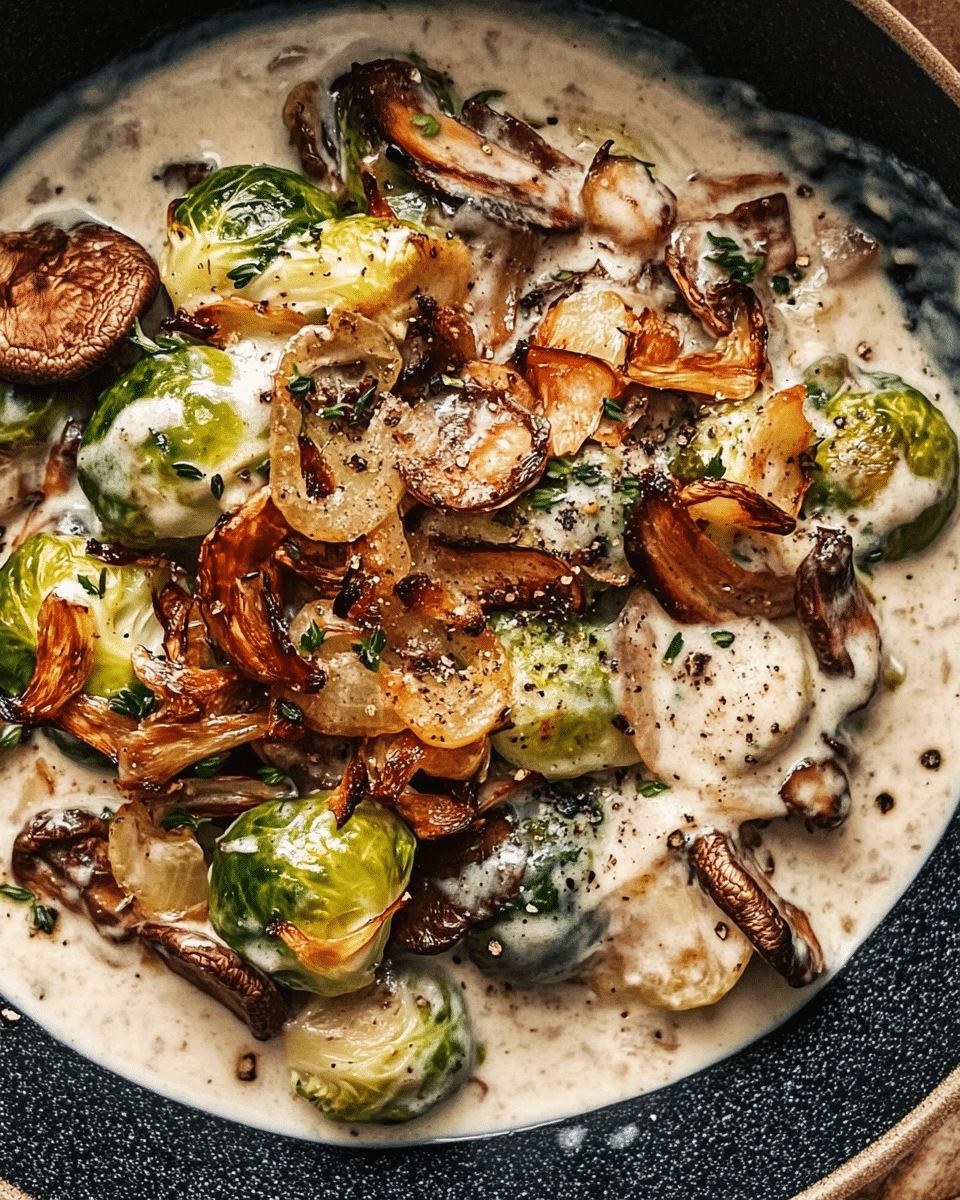 Roasted Brussels Sprouts with Creamy Wild Mushrooms and Crispy Shallots step 8
