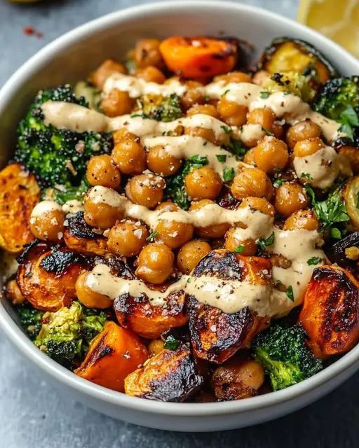 Roasted Vegetable and Chickpea Bowl with Maple Dijon Tahini Dressing step 2