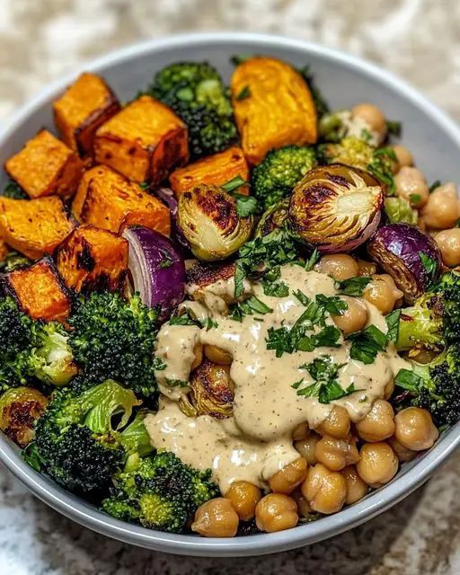 Roasted Veggie and Chickpea Bowls with Maple Dijon Tahini Dressing step 1